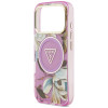Guess IML Glitter Flowers Triangle MagSafe-hoesje voor Apple iPhone 18 Pro Max / 17 Pro Max, paars