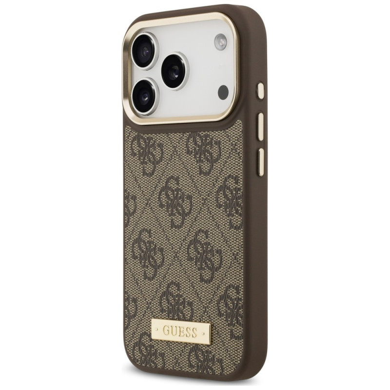 Guess 4G Logo Plate MagSafe-hoesje voor Apple iPhone 18 Pro / 17 Pro, bruin