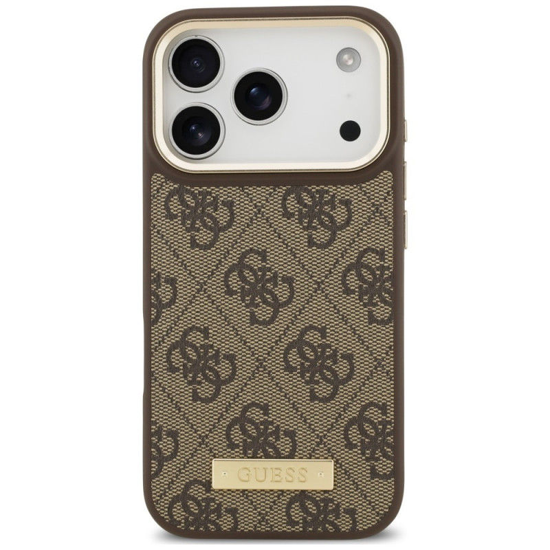 Guess 4G Logo Plate MagSafe-hoesje voor Apple iPhone 18 Pro / 17 Pro, bruin