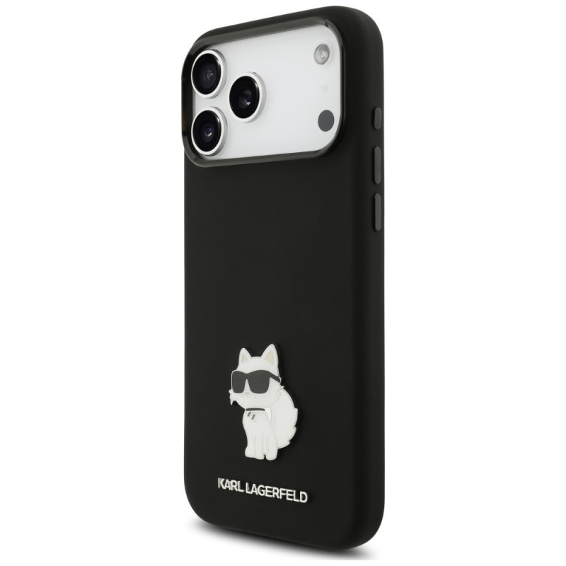 Karl Lagerfeld Silicone Choupette Metal Pin-hoesje voor Apple iPhone 18 Pro Max / 17 Pro Max, zwart