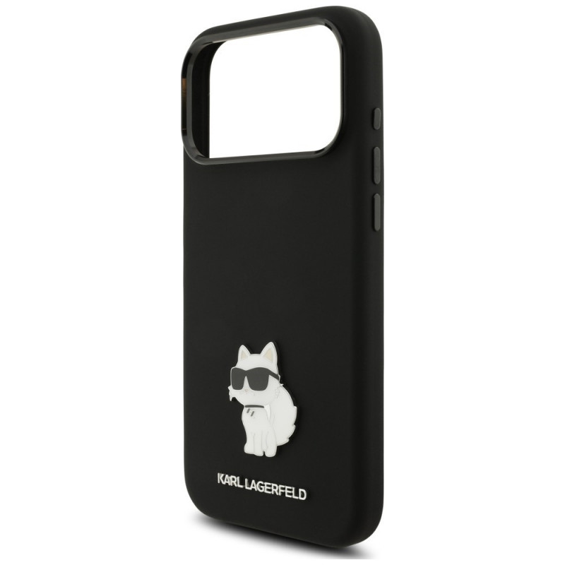 Karl Lagerfeld Silicone Choupette Metal Pin-hoesje voor Apple iPhone 18 Pro Max / 17 Pro Max, zwart