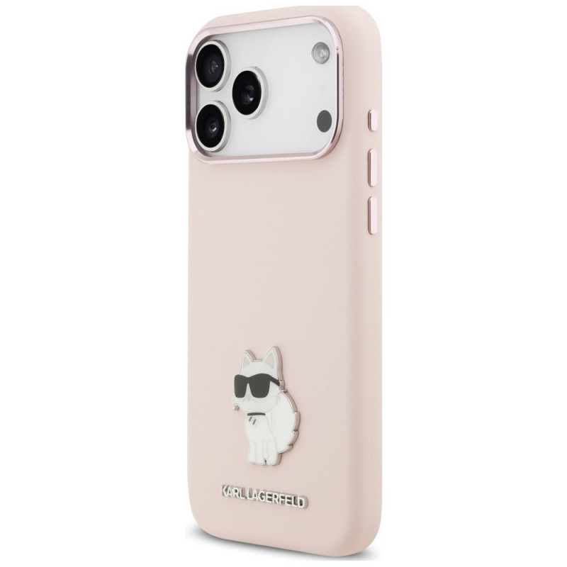 Karl Lagerfeld silicone Choupette metal pin hoesje voor Apple iPhone 18 Pro Max / 17 Pro Max, roze