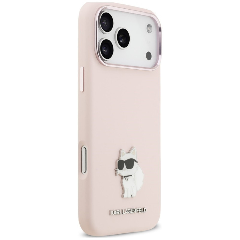 Karl Lagerfeld silicone Choupette metal pin hoesje voor Apple iPhone 18 Pro Max / 17 Pro Max, roze