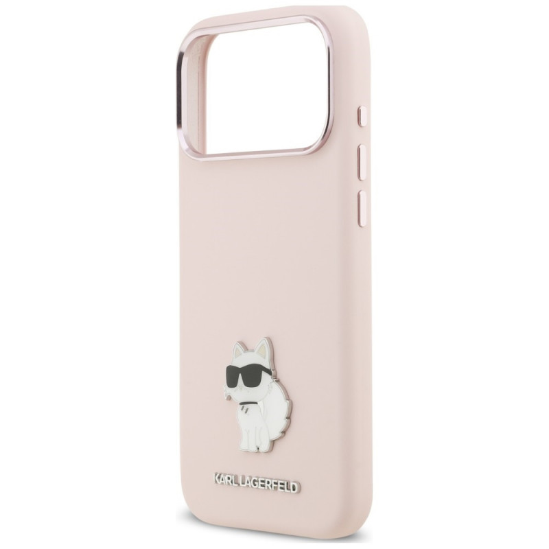 Karl Lagerfeld silicone Choupette metal pin hoesje voor Apple iPhone 18 Pro Max / 17 Pro Max, roze