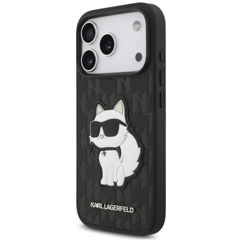 Karl Lagerfeld Saffiano Mono Patch Choupette-hoesje voor Apple iPhone 18 Pro / 17 Pro, zwart