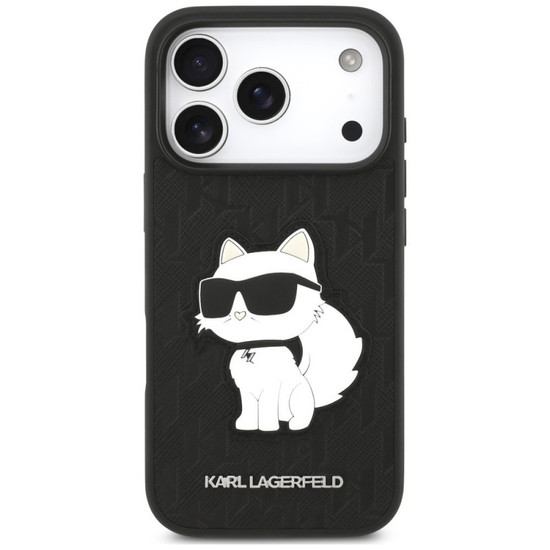 Karl Lagerfeld Saffiano Mono Patch Choupette-hoesje voor Apple iPhone 18 Pro / 17 Pro, zwart