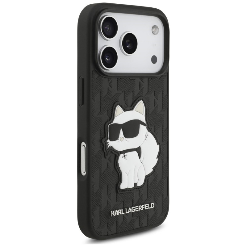 Karl Lagerfeld Saffiano Mono Patch Choupette-hoesje voor Apple iPhone 18 Pro / 17 Pro, zwart