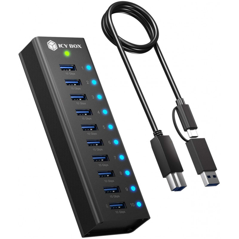 ICY BOX IB-AC6110a 10-poorts USB 3.2 Gen 2-hub met oplaadpoort, 12 V