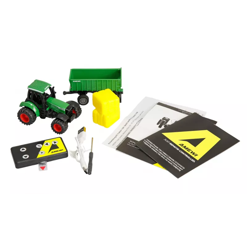 Amewi metalen tractor met aanhangwagen, 1:64, RTR, groen