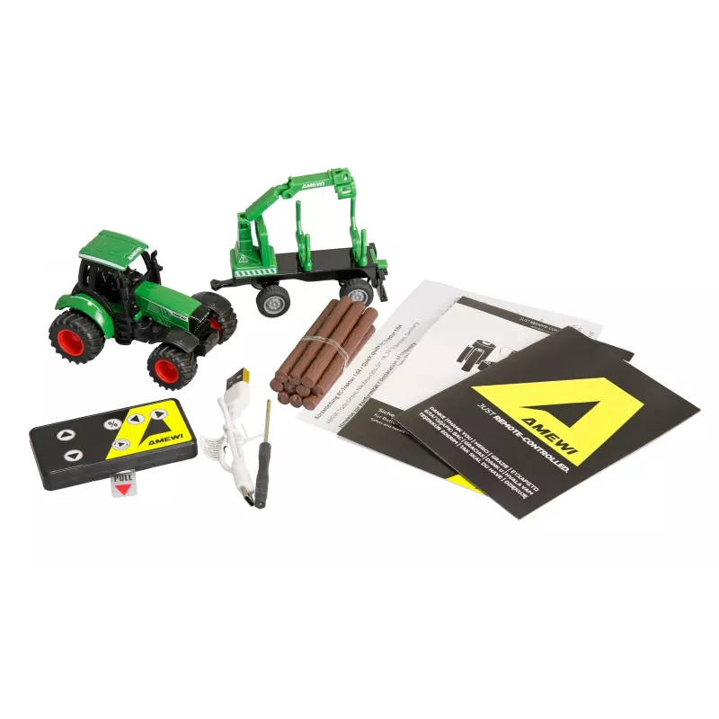 Amewi metalen tractor met bosbouwaanhangwagen, 1:64, RTR, groen