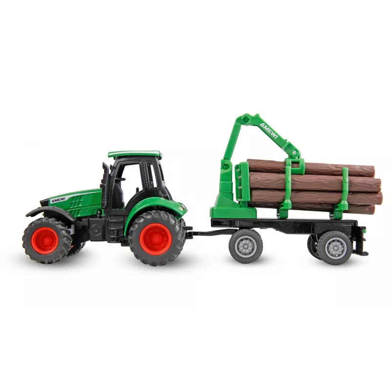 Amewi metalen tractor met bosbouwaanhangwagen, 1:64, RTR, groen
