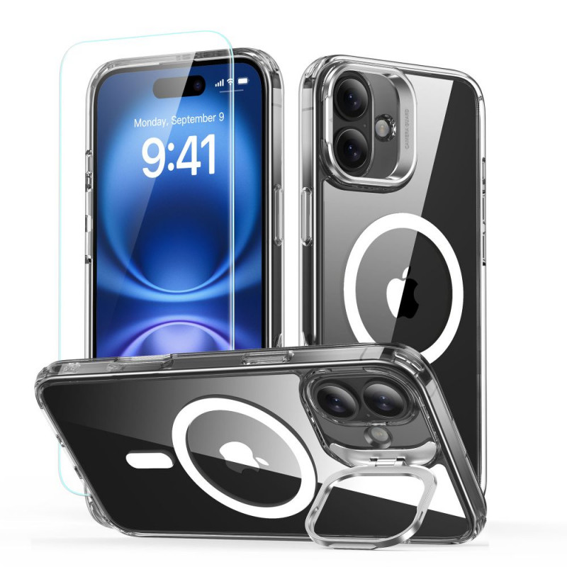 ESR Classic Hybrid Kickstand HaloLock MagSafe-hoesje met gehard glas voor Apple iPhone 16 Plus, transparant