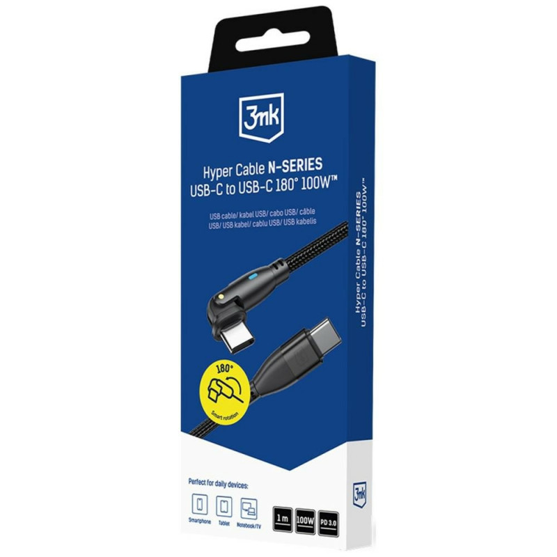 3MK Hyper Cable N-SERIES USB-C naar USB-C kabel met 180° draaibare connector, 1 m, 100 W, zwart