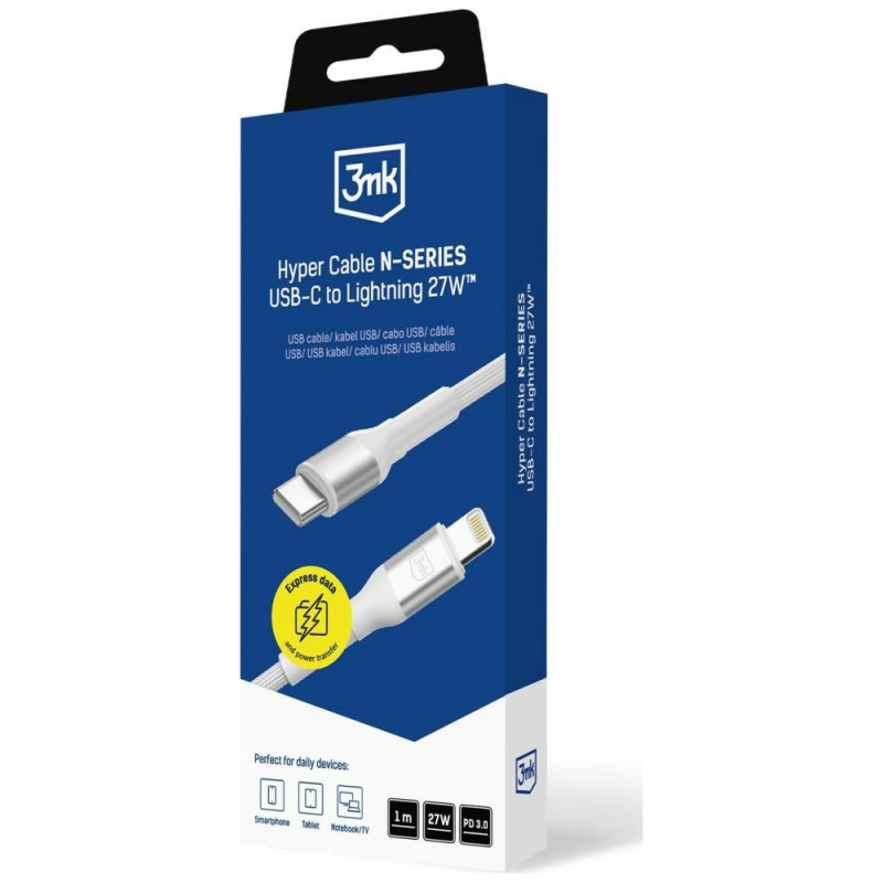 3MK Hyper Cable N-SERIES USB-C naar Lightning-kabel, 1 m, 27 W, wit