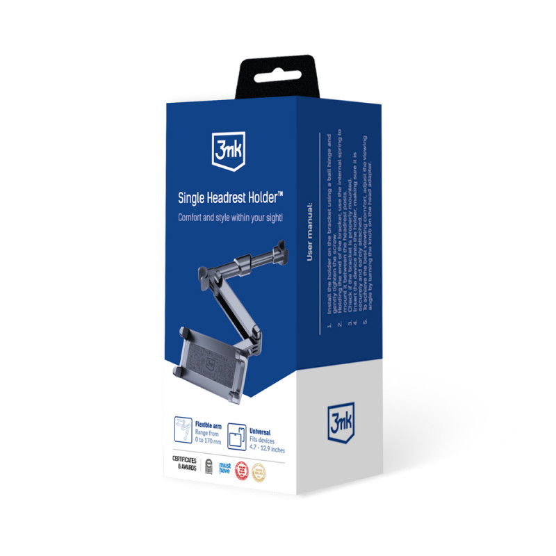 3MK Single Headrest Holder autohouder voor telefoons en tablets 4.7"-12.9", zwart