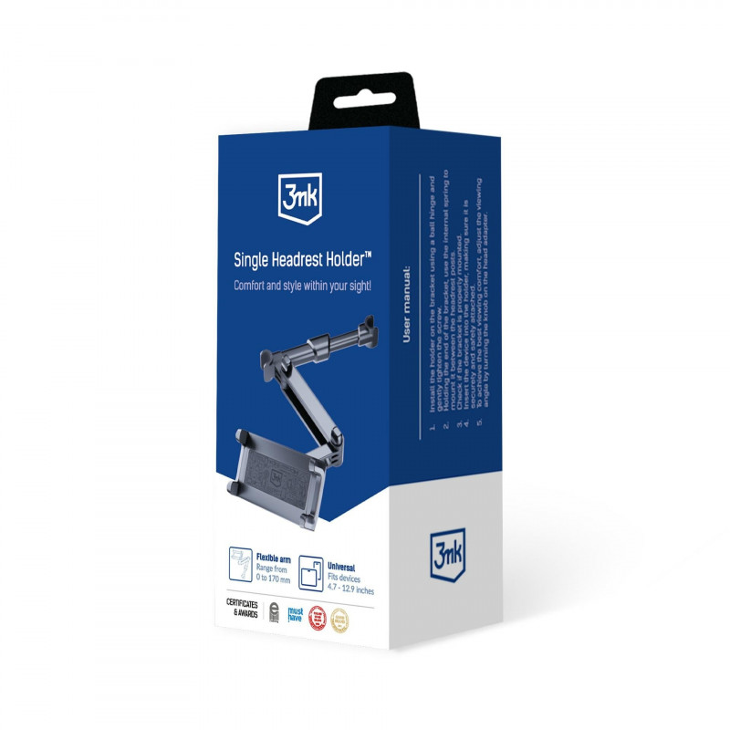 3MK Single Headrest Holder autohouder voor telefoons en tablets 4.7"-12.9", zwart