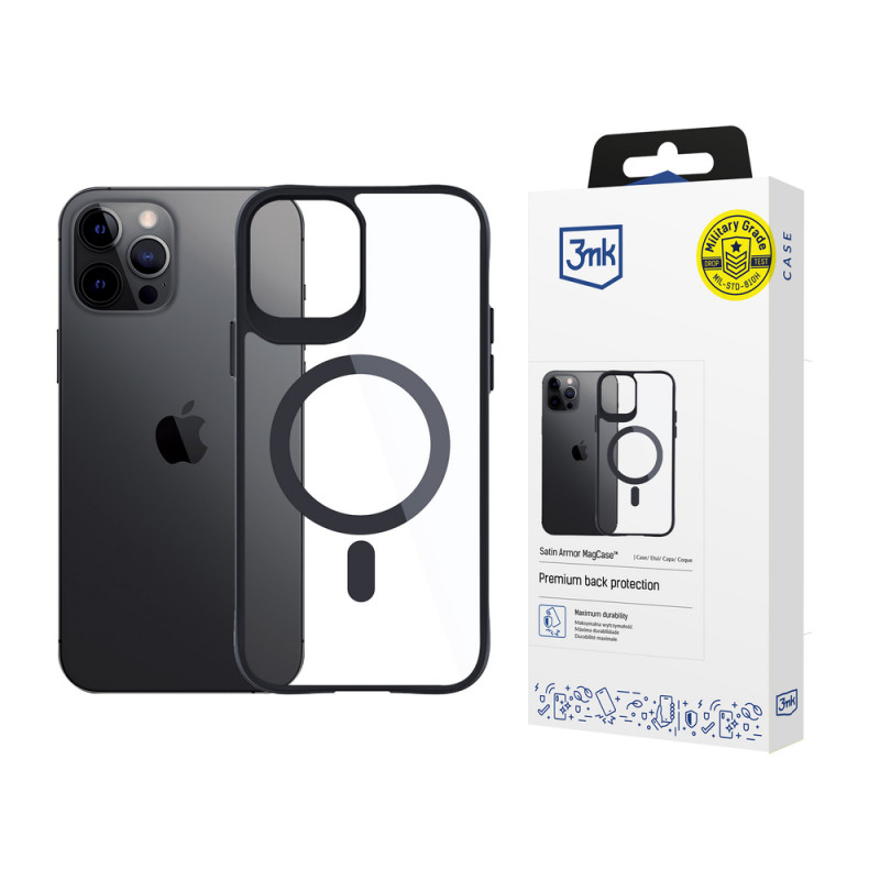 3MK Satin Armor MagCase met MagSafe voor Apple iPhone 12 Pro Max, transparant met zwart frame