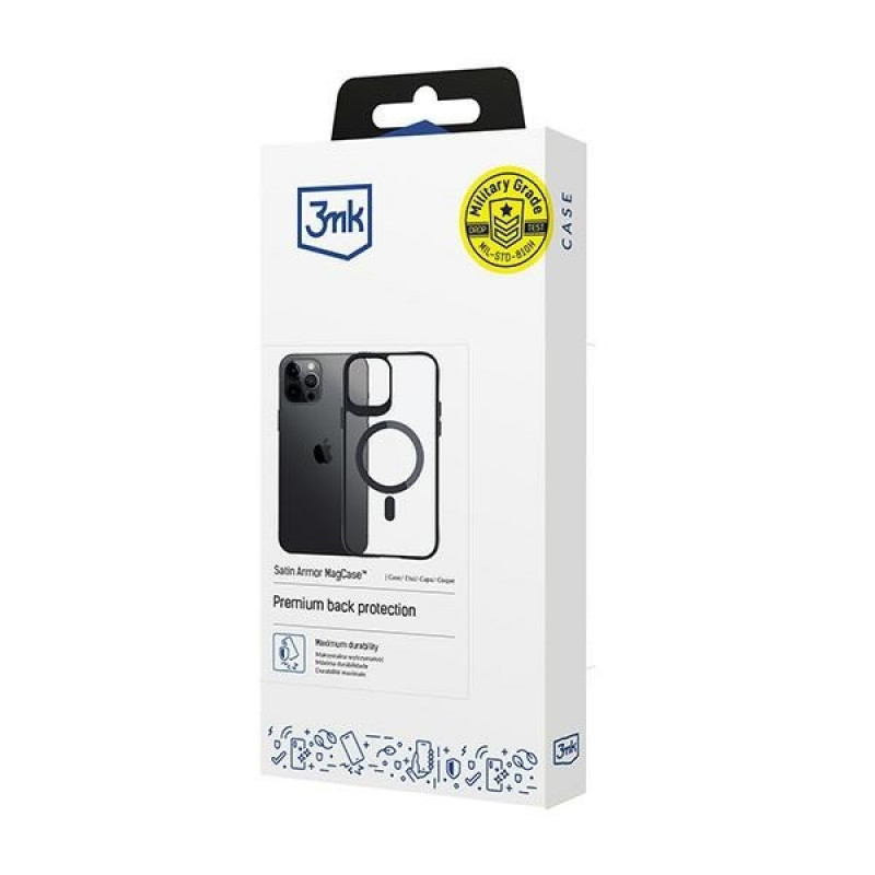 3MK Satin Armor MagCase met MagSafe voor Apple iPhone 12 Pro Max, transparant met zwart frame