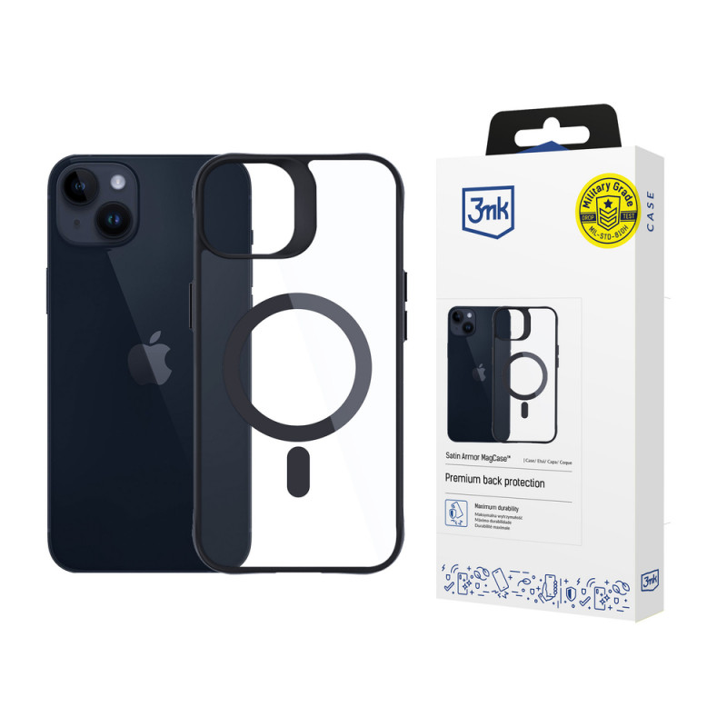 3MK Satin Armor MagCase met MagSafe voor Apple iPhone 14 Plus, transparant met zwart frame (156076-0)