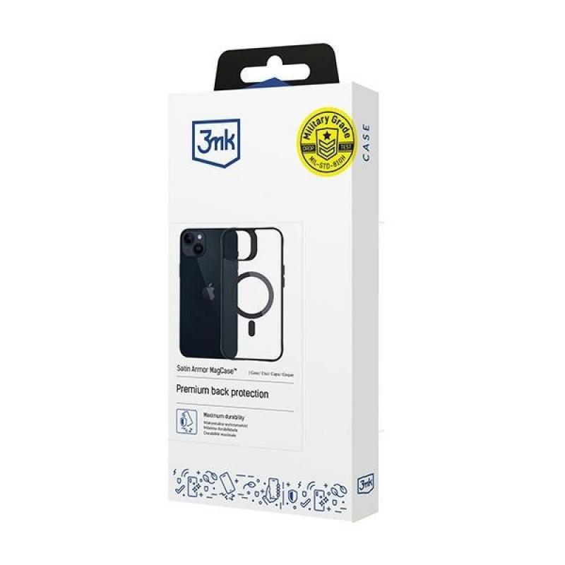 3MK Satin Armor MagCase met MagSafe voor Apple iPhone 14 Plus, transparant met zwart frame (156076-0)