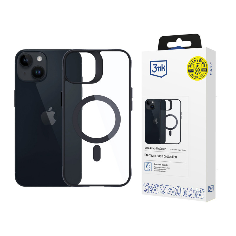 3MK Satin Armor MagCase met MagSafe voor Apple iPhone 13 / 14, transparant met zwart frame (156075-0)