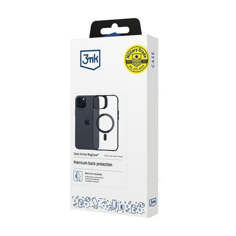 3MK Satin Armor MagCase met MagSafe voor Apple iPhone 15, transparant met zwart frame