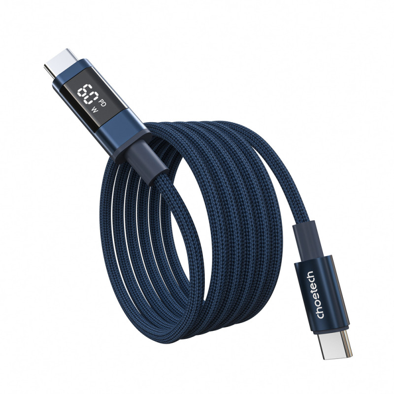 Choetech XCC-1068 PD 60W USB-C naar USB-C-kabel met display, 1,2 m, blauw