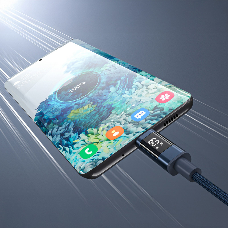 Choetech XCC-1068 PD 60W USB-C naar USB-C-kabel met display, 1,2 m, blauw