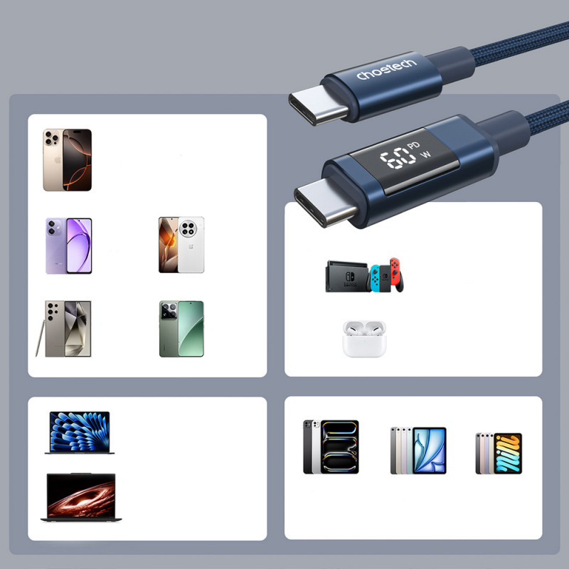 Choetech XCC-1068 PD 60W USB-C naar USB-C-kabel met display, 1,2 m, blauw