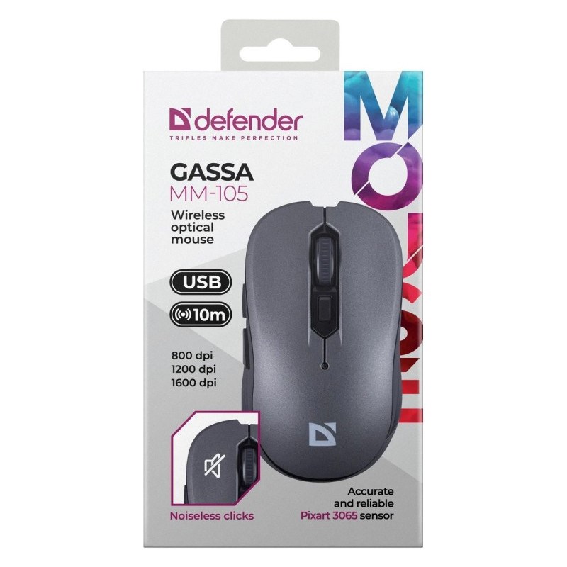 Defender Gassa MM-105 RF Silent draadloze muis, grijs