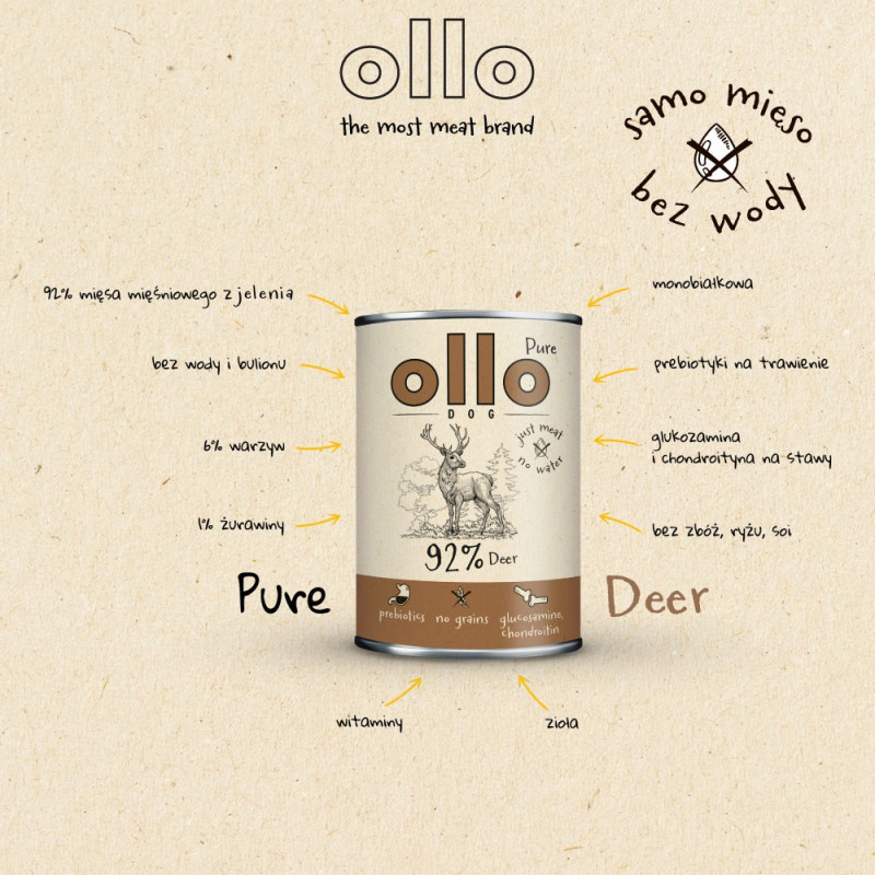 OLLO Pure Deer natvoer voor honden, 850 g