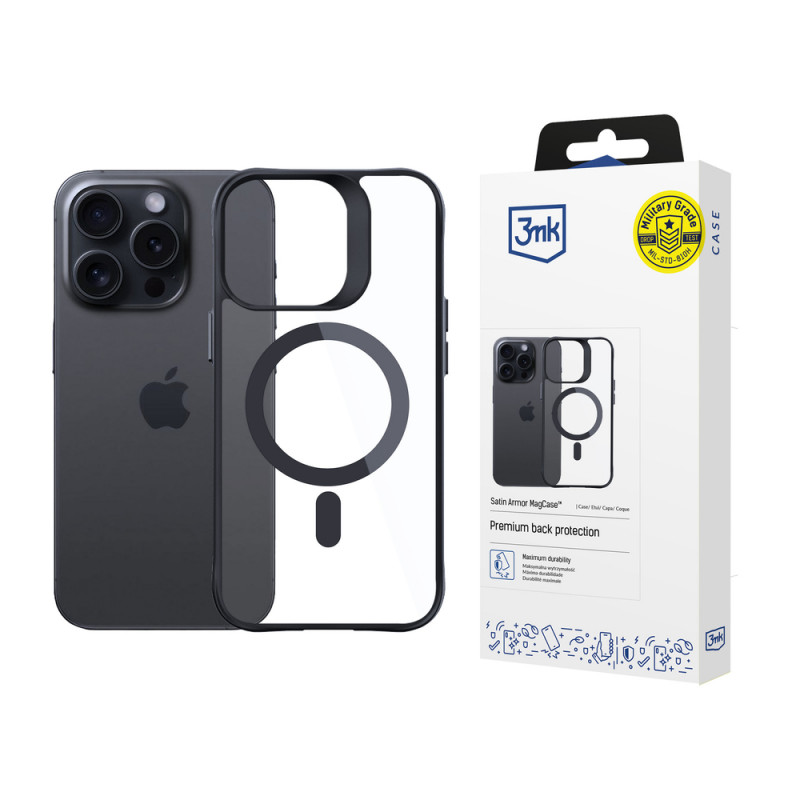 3MK Satin Armor MagCase MagSafe-smartphonehoesje voor Apple iPhone 15 Pro Max, transparant met zwart frame