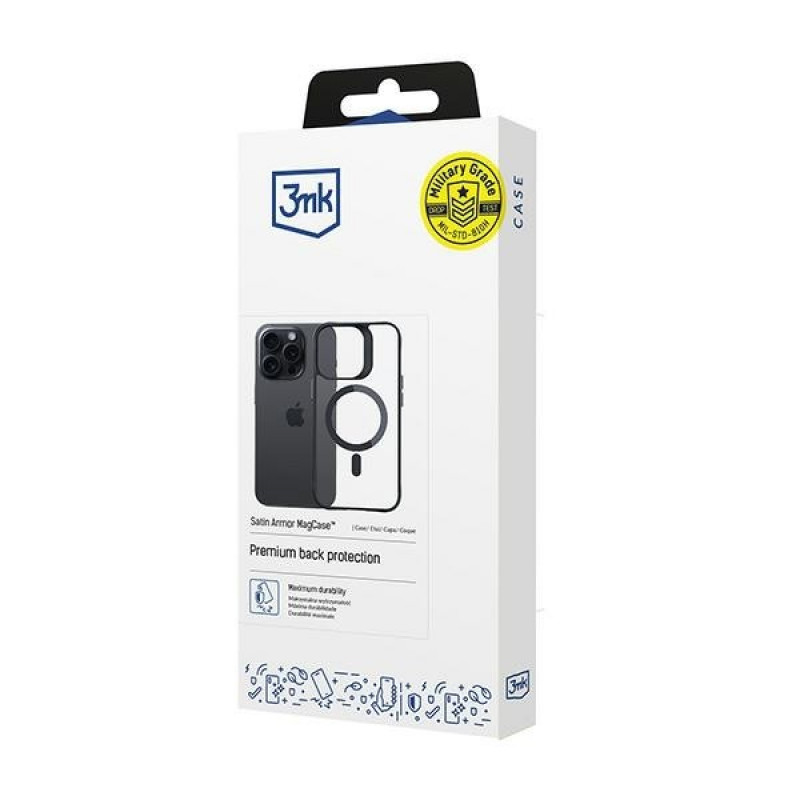 3MK Satin Armor MagCase MagSafe-smartphonehoesje voor Apple iPhone 15 Pro Max, transparant met zwart frame