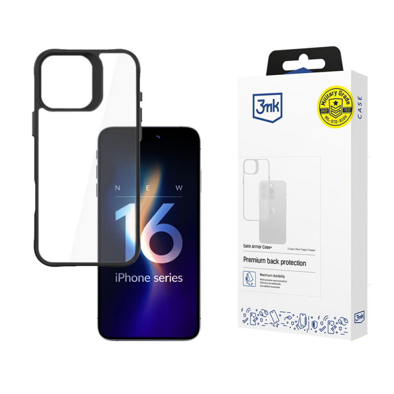 3mk Satin Armor Case+ voor Apple iPhone 16 Pro Max, transparant met zwart frame