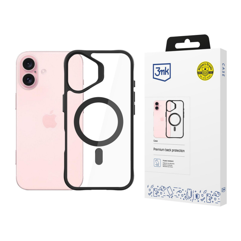3mk Satin Armor MagCase met MagSafe voor Apple iPhone 16 (W-3SAMaCa-AiP16-0), transparant met zwart frame