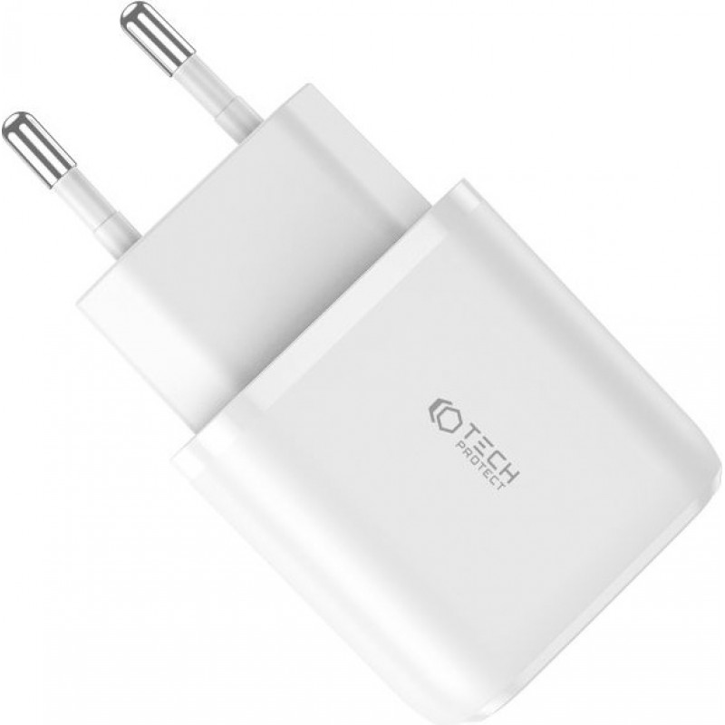 Tech-Protect C20W 2-poorts wandlader, USB-C PD 20W en USB-A QC 3.0, wit