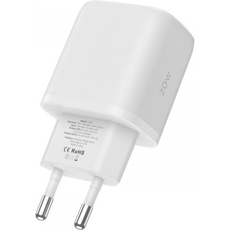 Tech-Protect C20W 2-poorts wandlader, USB-C PD 20W en USB-A QC 3.0, wit