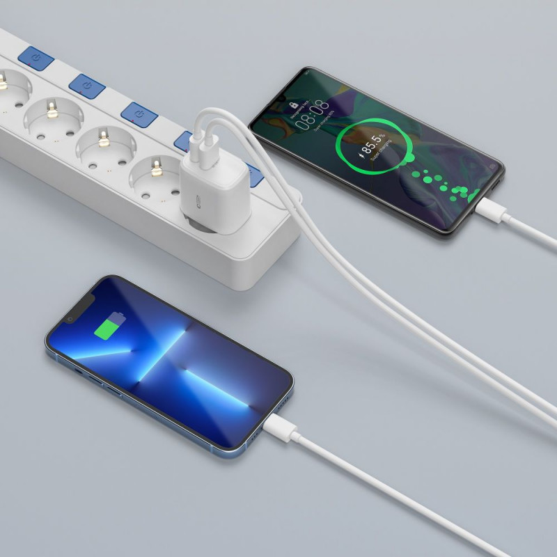 Tech-Protect C20W 2-poorts wandlader, USB-C PD 20W en USB-A QC 3.0, wit