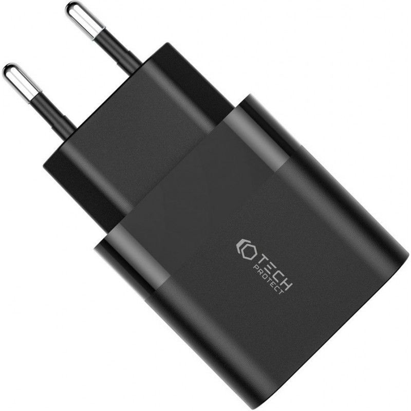 Tech-Protect C30W 2-poorts wandlader, USB-C PD 30W en USB-A QC 3.0, zwart