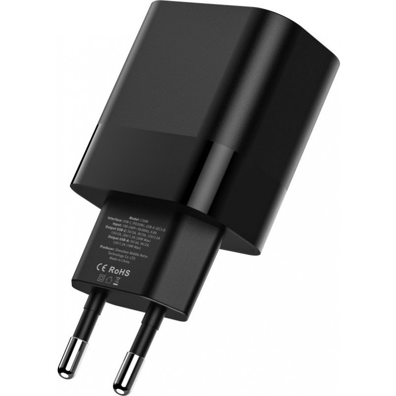 Tech-Protect C30W 2-poorts wandlader, USB-C PD 30W en USB-A QC 3.0, zwart