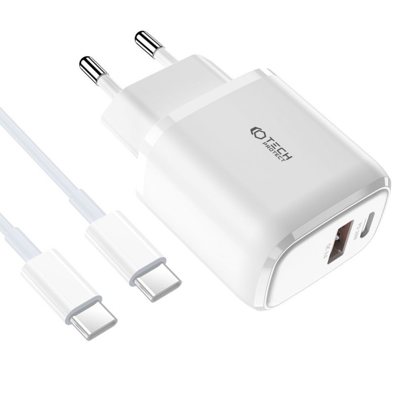 Tech-Protect C20W 2-poorts wandlader PD 20W QC 3.0 met USB-C-kabel, wit