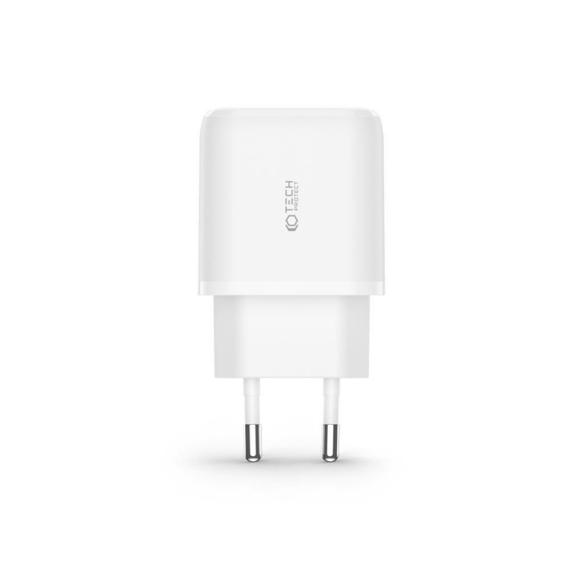 Tech-Protect C20W 2-poorts wandlader PD 20W QC 3.0 met USB-C-kabel, wit