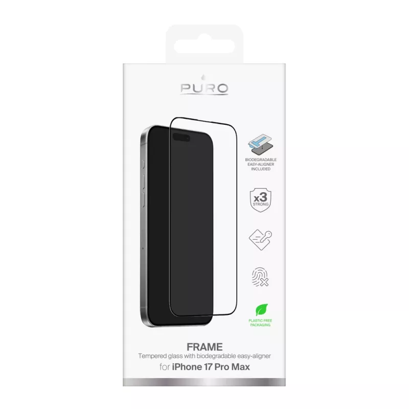 PURO Frame gehard glas voor iPhone 17 Pro Max met applicator en zwart frame