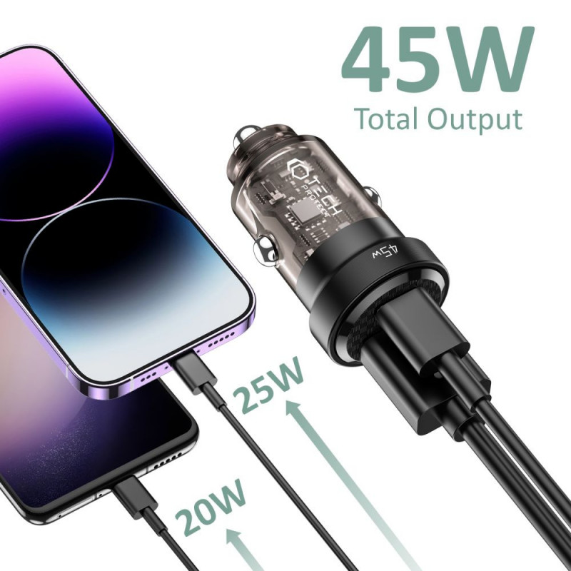 Tech-Protect CC45W 2-poorts autolader, USB-C PD 45W, USB-A QC 3.0, zwart