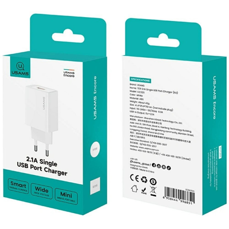 USAMS CC326 T69 USB-A wandlader, 10,5 W, 2,1 A, wit