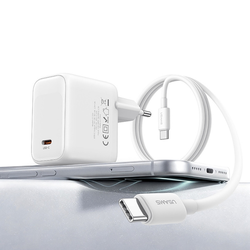 USAMS CC339 T76 45W GaN USB-C-oplader met SJ711 USB-C naar USB-C-kabel (1 m), wit