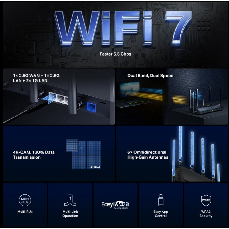 Mercusys MR37BE dual-band Wi-Fi 7-router, tot 6500 Mbps