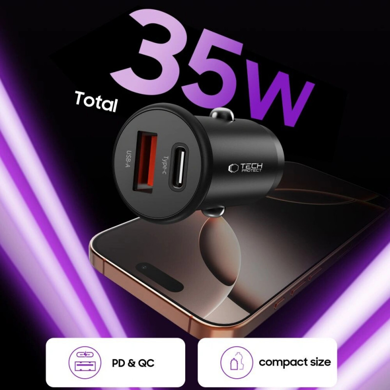 Tech-Protect CC02 2-poorts autolader USB-A / USB-C, PD 35W / QC 3.0, zwart (THP4079)