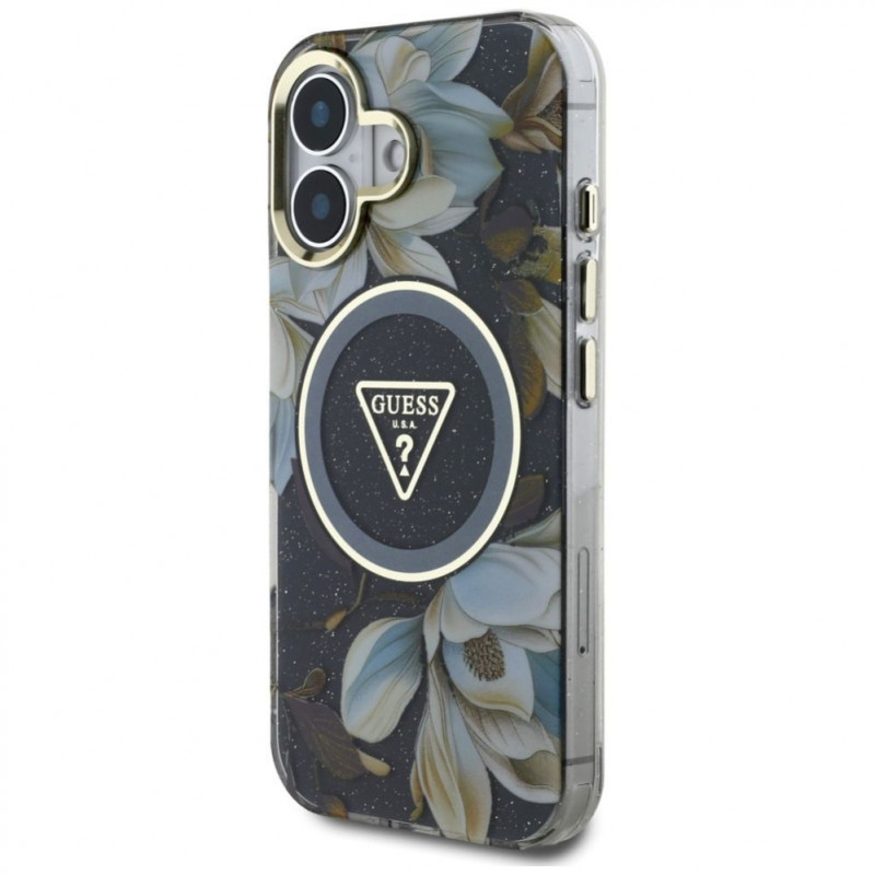 Guess Glitter Flowers Triangle Buttons MagSafe-hoesje voor Apple iPhone 16, zwart