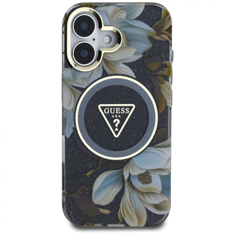 Guess Glitter Flowers Triangle Buttons MagSafe-hoesje voor Apple iPhone 16, zwart